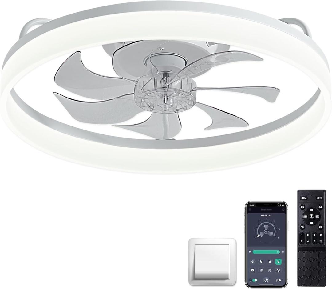 20" Modern Low Profile Ceiling Fan with Light, Ceiling Fans with Lights and Remote, 6 Speeds and Stepless Color Temperature Change, Flush Mount Ceiling Fans for Bedroom