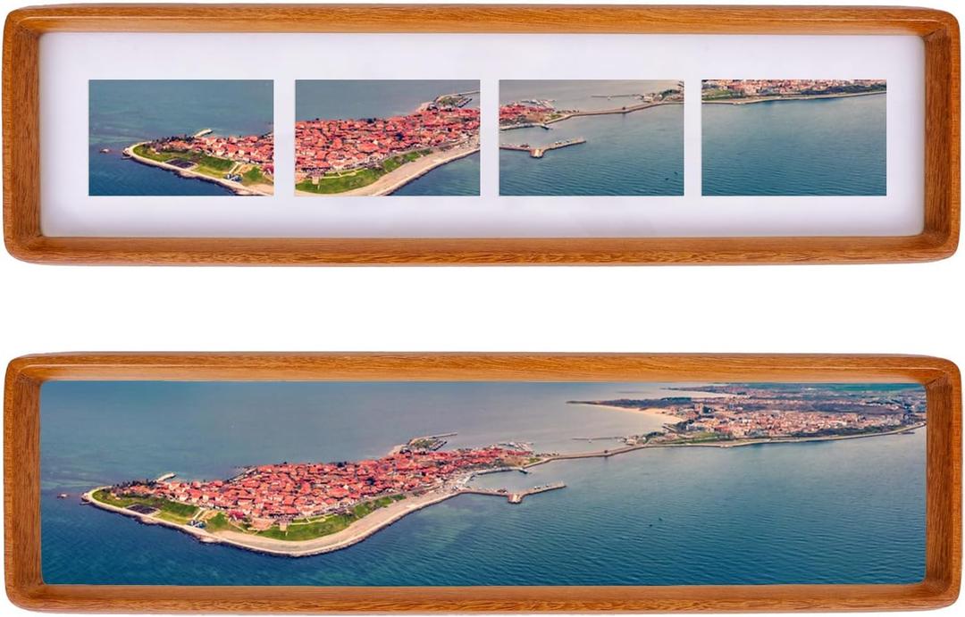 4x16 Collage Picture Frame Teak Wood, Multiple Four 2x3 Photos or 4x16 without Mat, Rustic Photo Frame with Tempered Glass Hanging or Tabletop Displaying Horizontally or Vertically