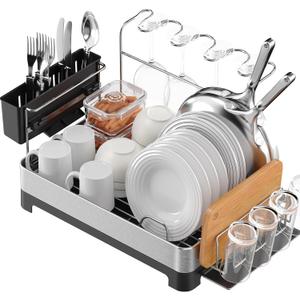 Dish Drying Rack for Kitchen Counter, 304 Stainless Steel Dish Rack, Multi-Function Dish Drainer with Wine Glass Holder, Large Dish Strainer with Cup Holder, Cutlery Holder, Large Size