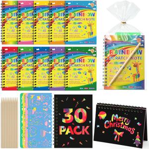 Prudiut Scratch Art Christmas Favors, 30 Pack Rainbow Scratch Notebook for Birthday Party Favors,Valentines day Gifts for Kids Classroom, Return Gifts