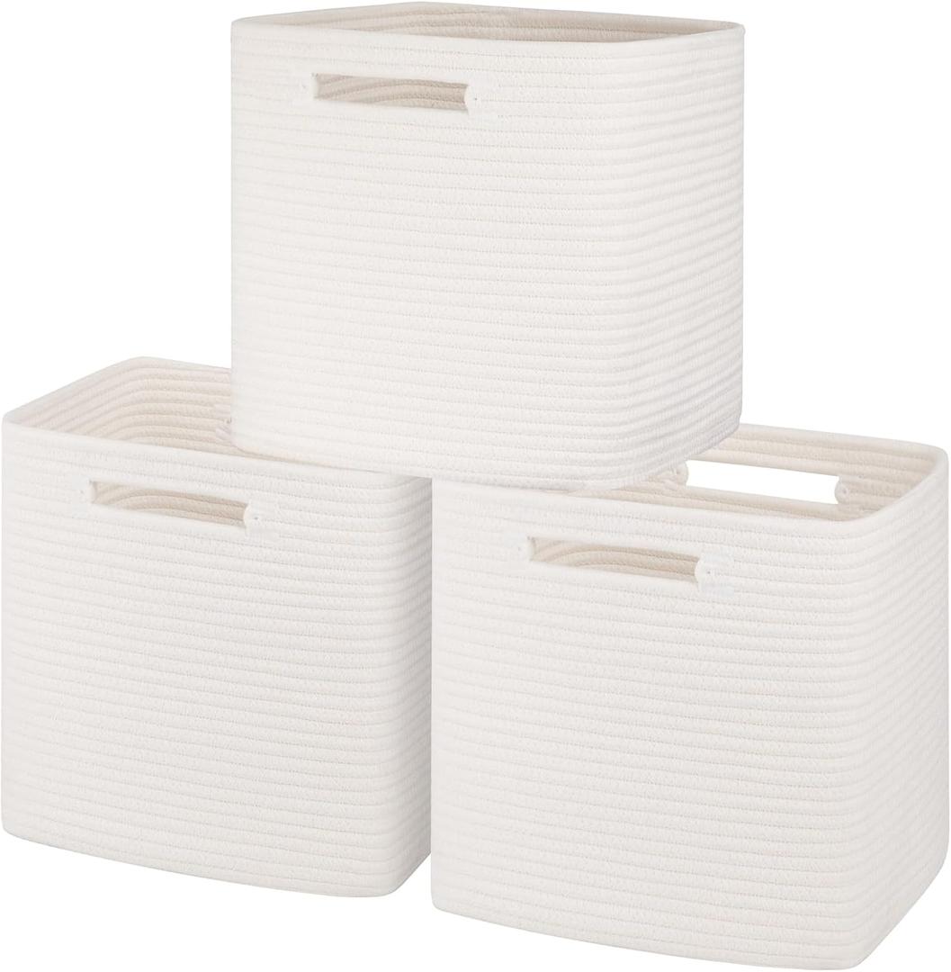 Storage Cubes 11 Inch Cotton Rope Woven Baskets for Organizing, 3-Pack Cube Storage Bin | Square Baskets for Shleves, Closet, Baby Nursery Bins, White Storage Cubes 11 Inch Cotton Rope Woven Baskets for Organizing, 3-Pack Cube Storage Bin | Square Baskets for Shleves, Closet, Baby Nursery Bins, White
