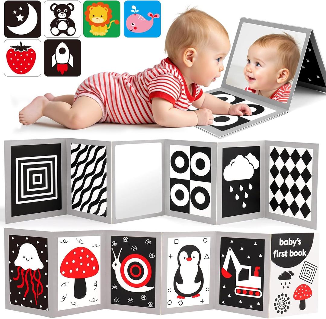 Black and White High Contrast Baby Books Flash Cards Tummy Time Mirror Toys Newborn Toys 0 6 Months Brain Development Infant Stimulating Sensory Toy 0-3 3-6 2 4 5 Months old Baby Boy Girl Shower Gifts