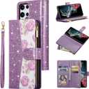 UEEBAI Wallet Case for Samsung Galaxy S25 Ultra 5G, PU Leather Wallet Magnetic Closure Handbag Zipper Pocket Cover Kickstand Card Slots with Hand Strap Rose Flip Case for Women - Bling Purple