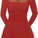 Women's Long Sleeve Mini Dress Square Neck Ruffle Hem Ruched Waist Short Party Dresses (Red,Medium)