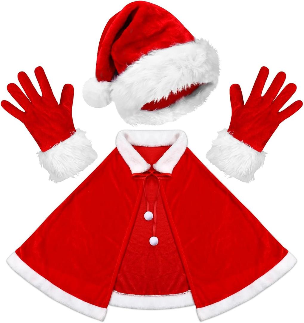 3 Pcs Christmas Santa Claus Costume, Christmas Cape Red Fur Velvet Gloves Xmaas Hat Mrs Santa Claus Cape Cosplay