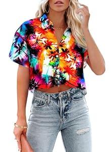 Cropped Hawaiian Shirts for Women Hawaii Tropical Button Down Tops Floral Tropic Print Summer Beach Outfits Orange, Medium
