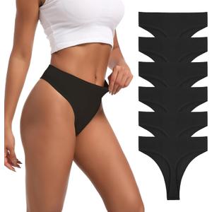 High Waisted Ribbed Cotton Thongs for Women High Cut Breathable Underwear 6-Pack Size (Black, XXL)