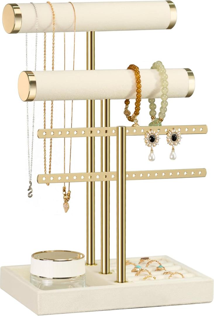 3 Tier Bracelet Holder Display - Detachable T Bar Beige Velvet Bracelet Holder, Jewelry Holder Organizer for Bracelet, Necklace, Earrings, Rings