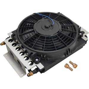 Fluid Cooler and Fan, 15-3/4 x 11-1/2 x 5 in, Tube Type, 6 AN Male Inlet/Outlet, Fittings, Aluminum/Copper, Black Powder Coat, Universal, Each