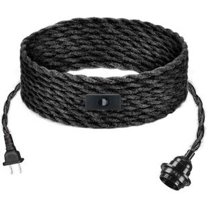 9.84FT Plug in Hanging Light Fixture with Switch E26 Base Bulb Socket, Industrial Pendant Lamp Light Cord with Twisted Hemp Rope DIY Light Fixture for Farmhose Bedroo Home Lighting Decors (Black)