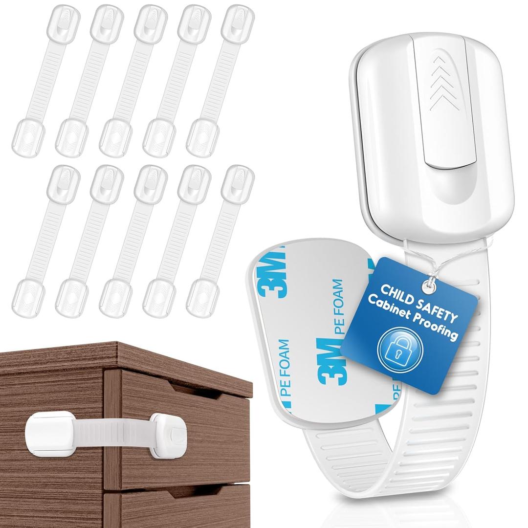 10 Pack Cabinet Locks Baby Proofing, SOGUDE Child Proof Cabinet Locks with 3M Adhesive Child Safety Locks for Refrigerator, Doors, Drawer Locks No Drilling, Cabinet Locks for Babies- White