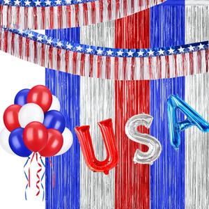 23 Pcs Patriotic Decorations 4th of July Decorations 6 Pack 6.56 x 3.28 ft Red White Blue Tinsel Foil Fringe Curtains with 2 Pack 9.84ft Foil Fringe Garland Tinsel Streamers and 15Pcs USA Ballons