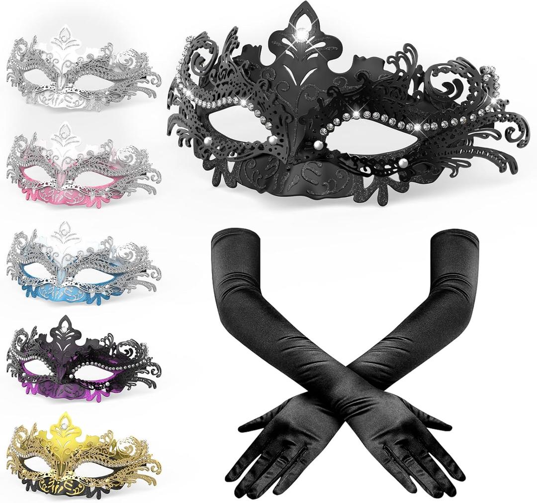 Womens Masquerade Mask & Long Satin Opera Gloves Set  Elegant Rhinestone Costume Accessories for Adults  Elbow-Length Gloves for Masquerade Balls Mardi Gras Christmas & New Year Partie