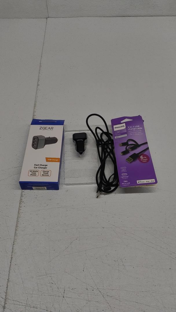 Pack of 2: 1) Philips Charge Cable, 3-In-1 USB; 2) ZGEAR Fast Car Charger - Three USB Ports - 22W