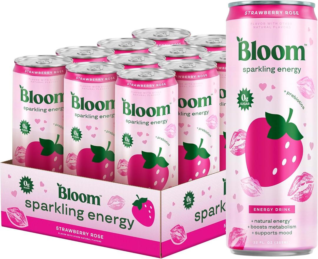 Bloom Nutrition Sparkling Energy Drink - Natural Caffeine, Zero Sugar, 180mg Caffeine - Antioxidant-Rich with Green Coffee Bean, Green Tea Extract, Prebiotics - Strawberry Rose - 12 oz (12 Pack)