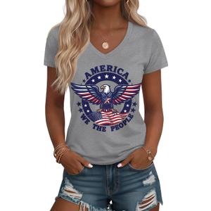 Huukeay 4th of July Shirts for Women, V-Neck Patriotic Tops Independence Day T-Shirt American Flag Graphic Tees (Gray, M)
