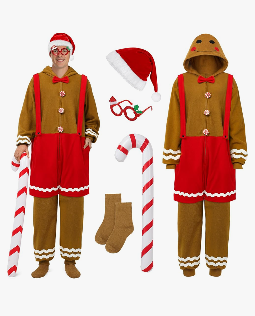 SOMSOC Men Gingerbread Onesie Pajamas Adult Flannel One-Piece Jumpsuit Christmas Hooded Sleepwear Homewear with Pockets XL