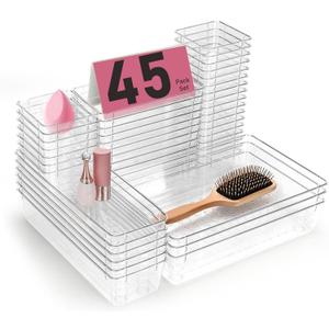 Clear Plastic Drawer Organizers Set of 45 Vanity trays Stackable Storage Bins Dividers Bathroom Organiser Storage Vanity Bins for Makeup, Kitchen Utensils, Jewelries, Office (S45(3-6-12-24))