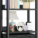 Furologee 4 Tier Bookshelf with Drawer, Small Narrow Bookcase, Wood and Metal Standing Shelf Unit, Industrial Display Storage Shelves Organizer for Bedroom, Living Room, Entryway, Black