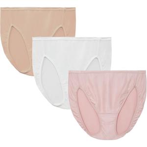 Vanity Fair Women's Illumination Hi Cut Panties, Silky Stretch & Satin Trim (10, 3 Pack - White/Quartz/Beige)