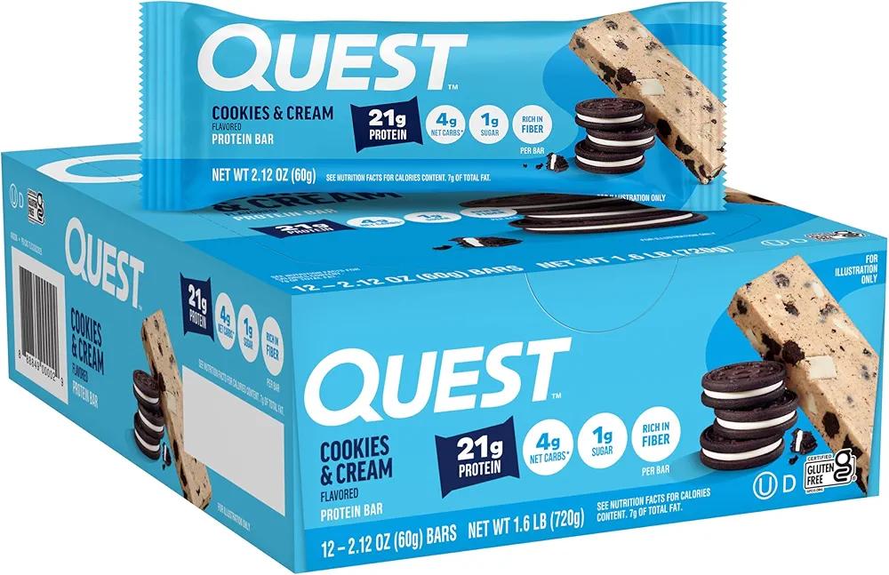 Quest Nutrition Cookies & Cream Protein Bars, 21g Protein, 1g Sugar, 4g Net Carb, High Fiber, Gluten Free, Keto Friendly, 12 Count BBD: 

10/22/26