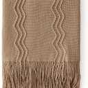 MIULEE Tan Taupe Knitted Throw Blanket for Couch Boho Textured Cozy Woven Blanket with Tassels for Sofa Chair Bed Living Room Farmhouse Home Decor Acrylic Wave Pattern 50"x60"