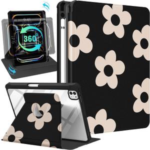 Kidcube for iPad Pro 11 Inch Case M4 2024 5th Generation - for Women Girls Cute Folio Cover with Pencil Holder Girly Kawaii Flower Floral Design Rotating Stand for iPad Pro 11'' Case 2024 M4 5th Gen