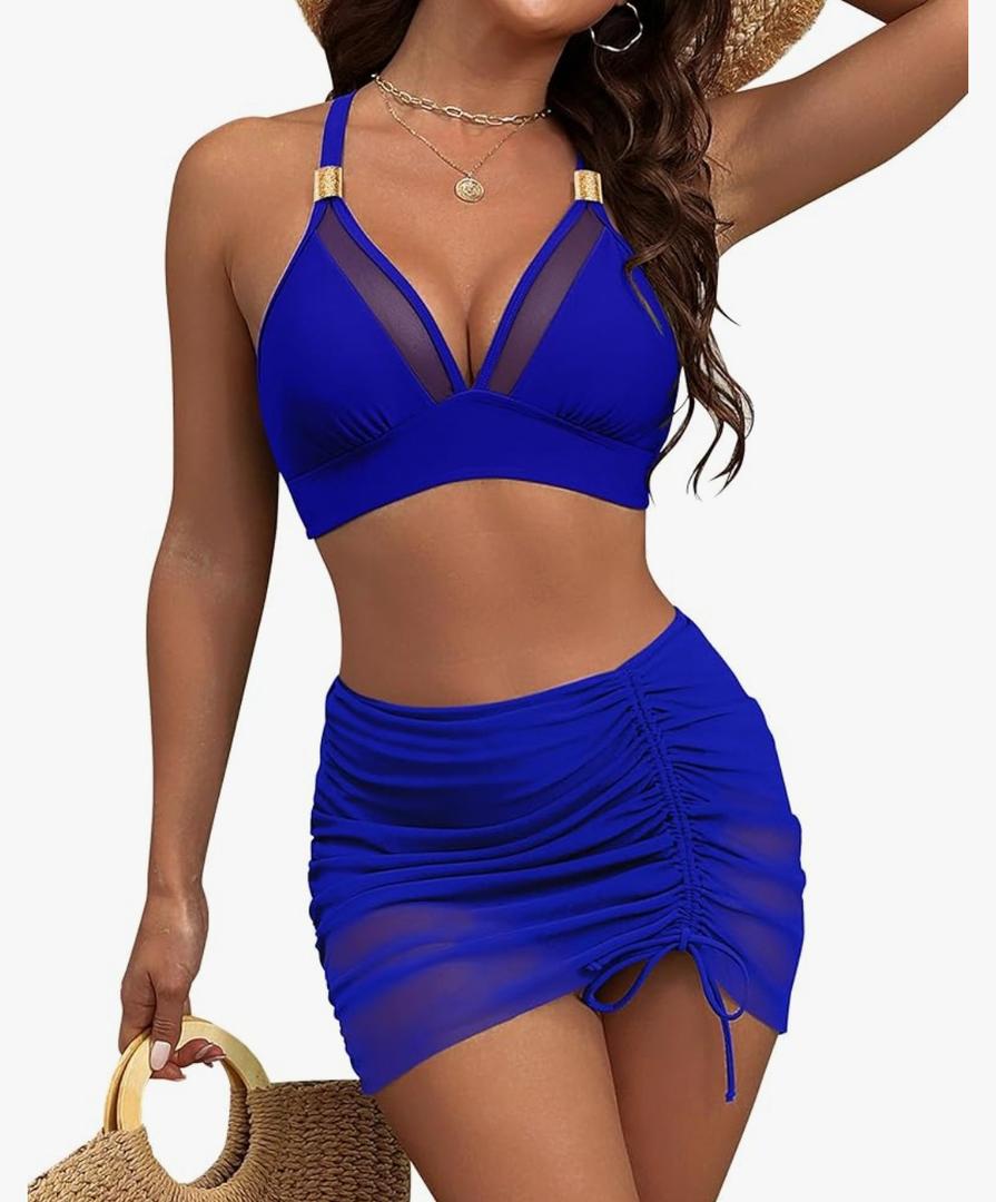 Blooming Jelly Womens High Wasited Bikini Sets Tummy Control Swimsuits Curvy Mesh Swim Skirt M