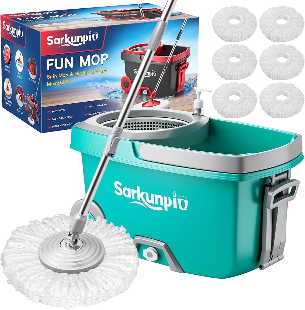 Spin Mop and Bucket Set with 6 Microfiber Heads, Turquoise
