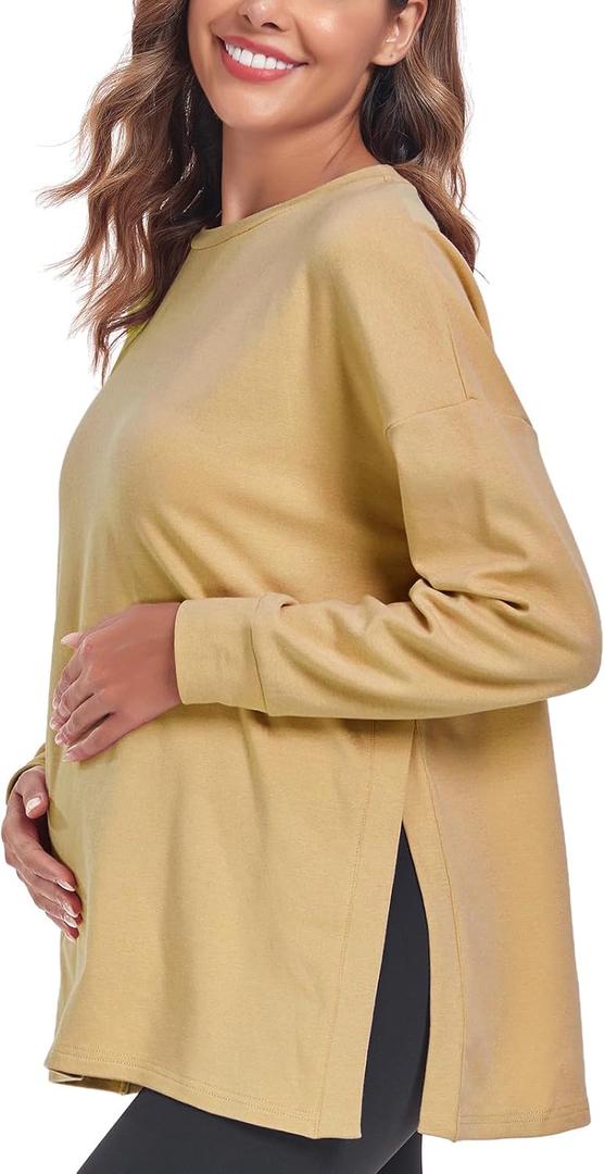 Ecavus Women's Casual Maternity Shirts Long Sleeve Soft and Comfy Pregnancy Tee Tops Side Split Maternity Clothes (XXXL)