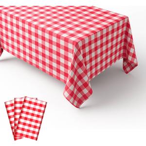 3 Packs Gingham Tablecloth Red and White Checkered Tablecloths 54 x 108 Inches Disposable Plastic Gingham Tablecovers Waterproof Rectangle Picnic Table Covers for Birthday Party Supplies