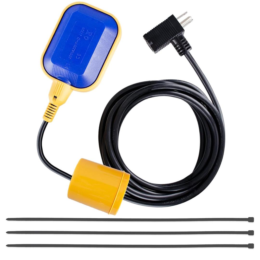 Float Switch with 10ft Cable and Adjustable Counterweight- Ideal for Sump Pumps, Water Tanks, Sewage Pools, and More - 16 Amp Maximum Pump Run Current, IP68 Waterproof