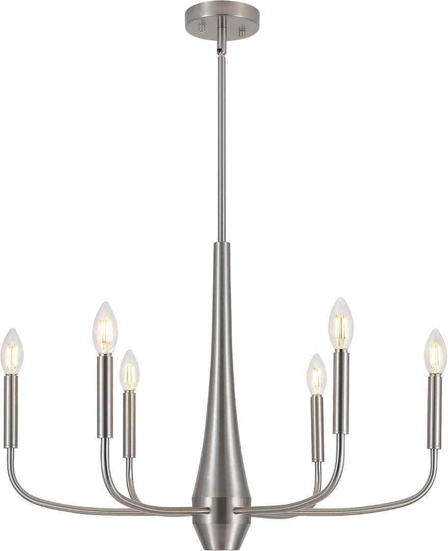ACNKTZ Brushed Nickel Chandelier, 6-Light Modern Farmhouse Chandeliers for Dining Room Lighting Fixtures Hanging, Industrial Metal Minimalist Chandelier for Kitchen Bedroom Foyer Entryway Hall, 6-light/26 In
