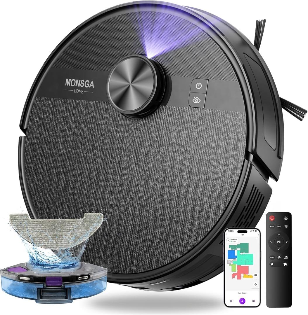 MONSGA Robot Vacuum and Mop Combo, 7000Pa Robotic Vacuum with Lidar Navigation, 180mins Runtime, Tangle-Free Robot Mop, 5 Editable Maps, APP/Remote/Voice Control, Ideal for Hard Floors and Carpets