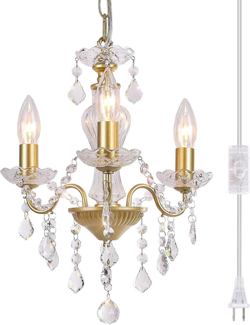 Chanlited Plug in Modern 3Light Vintage Gold Chandelier with Glass Crystals, Candle Style Pendant Light Fixtures for Living Room, Girls Room, Kitchen Island, Entryway