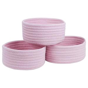 Small Storage Basket, Set of 3 Woven Baskets, Cotton Rope Small Baskets for Organizing, Cute Mini Tiny Round Basket, Bathroom Organization Bin (Pink)