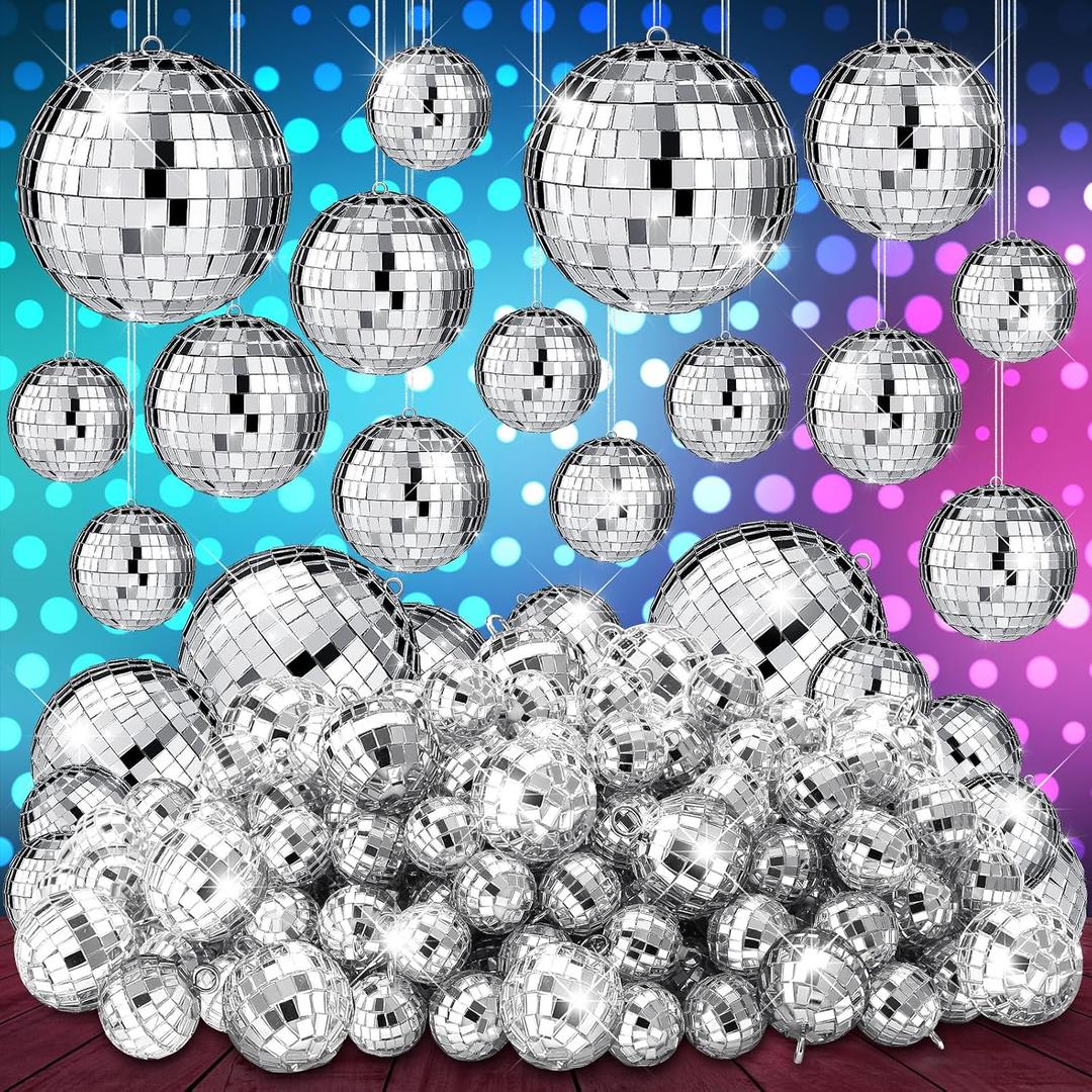 Funtery 100 Pcs Mirror Disco Balls Bulk Assorted Silver Hanging Disco Ball Decor for Home Wedding Birthday Dance Music 70 S Theme Party Christmas Tree Ornaments (1.2'',1.6'',2'',2.4'',4'')
