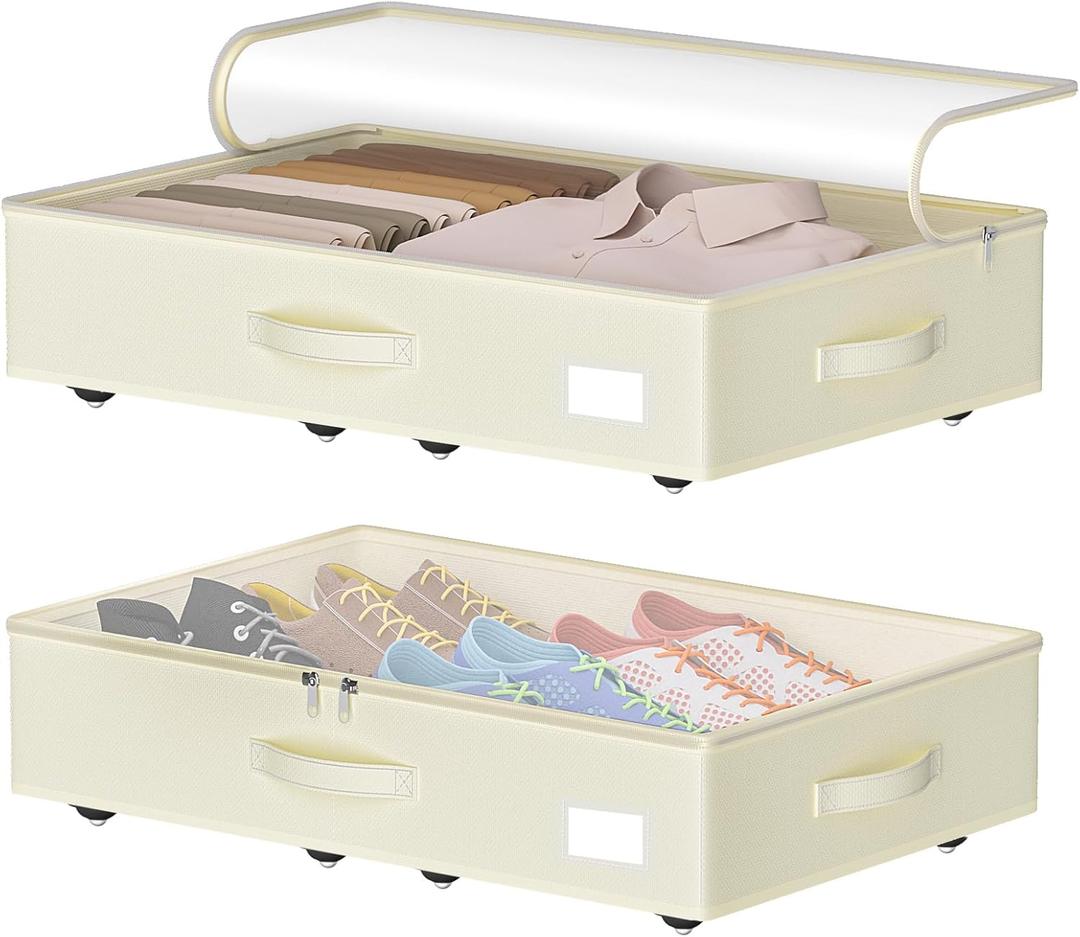 Under Bed Storage with Wheels, No Assemble Required 5.5 inches height beige under bed storage bins,Low Profile Rolling Under bed Shoe Storage containersdorm under bed storage drawers