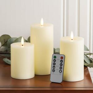 White Flameless Candles with Remote and Timer, Real Wax Made LED Pillar Candles Battery Operated with 3D Flickering Flame - 3" x 4",5",6" - Set of 3