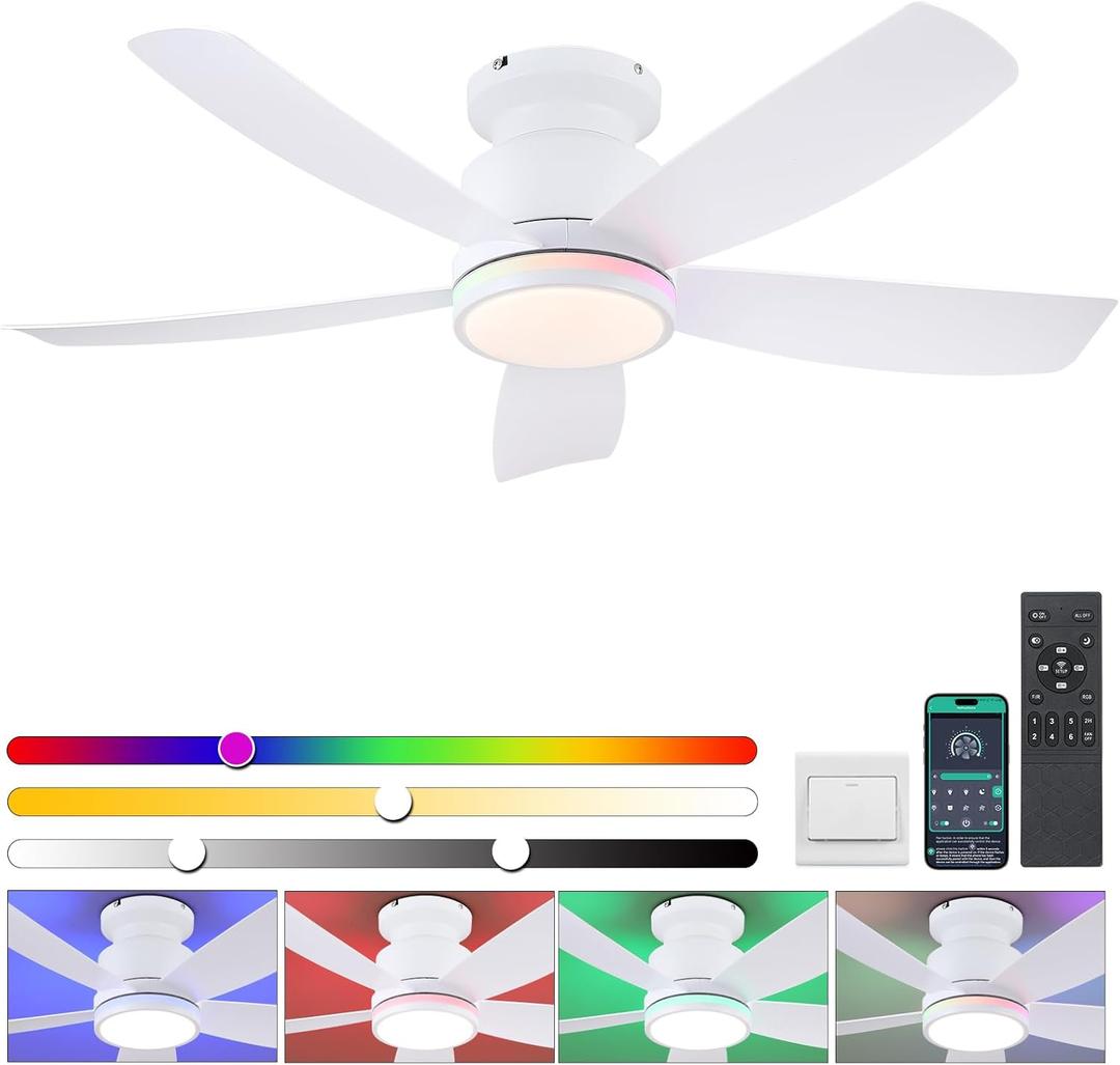 Ceiling Fans with Lights and Remote/APP Control, 41" Low Profile Ceiling Fan with Dimmable White Lights+RGB Ring Lights, 5 Reversible Curved Blades 3 CCT 6 Speeds for Bedroom Living Room, White