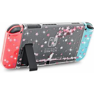 ECHZOVE Cute Glitter Switch Case with Cherry Blossom Flowers – Clear Dockable Protective Cover with Screen Protector & Thumb Grips, Aesthetic Pink Gaming Accessories Gift for Girls