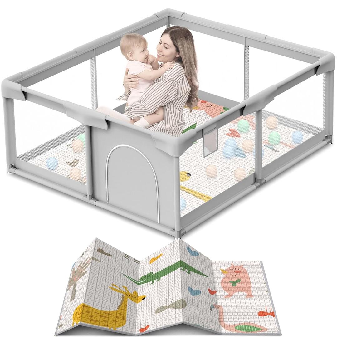 Baby Playpen 50x50 Inch Baby Playpen with Mat, Play Pen for Babies and Toddlers, Playard with Gate, Sturdy Safety Fence, Indoor & Outdoor Kids Activity Center (Grey)