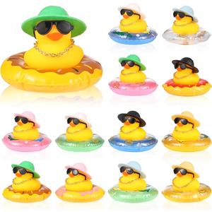 12 Set Mini Rubber Ducks Dashboard with Mini Swim Ring Sun Hat Necklace and Sunglasses, Yellow Duck Bath Ornaments for Car Decor Accessories