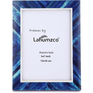 Handmade Picture Photo Frame Chevron Herringbone Art Inspired Vintage Table-Top/Wall Dcor Boho Frames (5x7 Inches, Blue, White)
