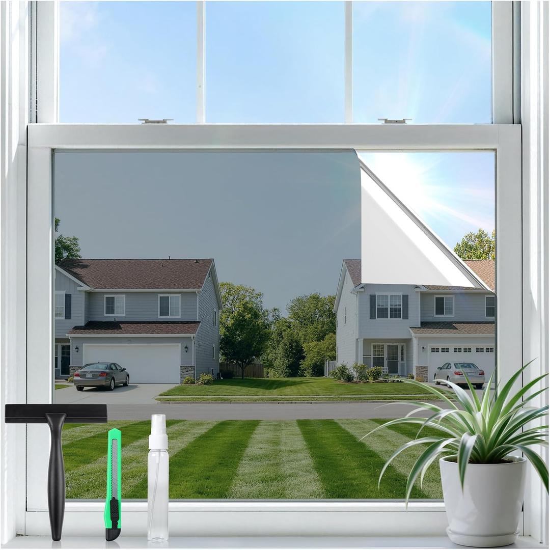 rabbitgoo One Way Privacy Window Film Window Tint for Home with Tools, UV Blocking Heat Control Static Cling No Glue, Daytime Privacy See Out Not in, 23.6 in X 6.5 Feet, Silver