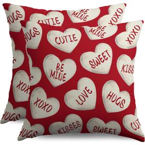 Red Valentines Pillow Covers 18x18 Inch Set of 2 Cream Love Heart Sweet Valentine's Day Holiday Decorative Throw Pillowcases Anniversary Outdoor Farmhouse Cushion Cases Decor for Sofa Couch Bed