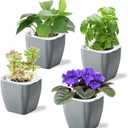 Oliz 4 Pack Self Watering Pots 4-inch Decorative Flower Planters for Indoor Plants Modern Square planters for Small Plants Window Sill Planters for Succulents, African Violets, Herbs(Sliver Black)