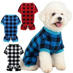 SilTriangle 3 Pcs Plaid Dog Pajamas Soft Fleece Pet Sweater Clothes Warm Outfits for Small Dogs Puppy Cats Winter Christmas Costume Jumpsuit(M: Neck 13in, Chest 18in, Back 14in)