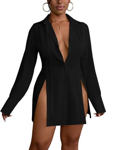 LYANER Women's Button Down Shirt Dress Collared Long Sleeve Sexy Tops Slit Hem Shirts Black X-Large