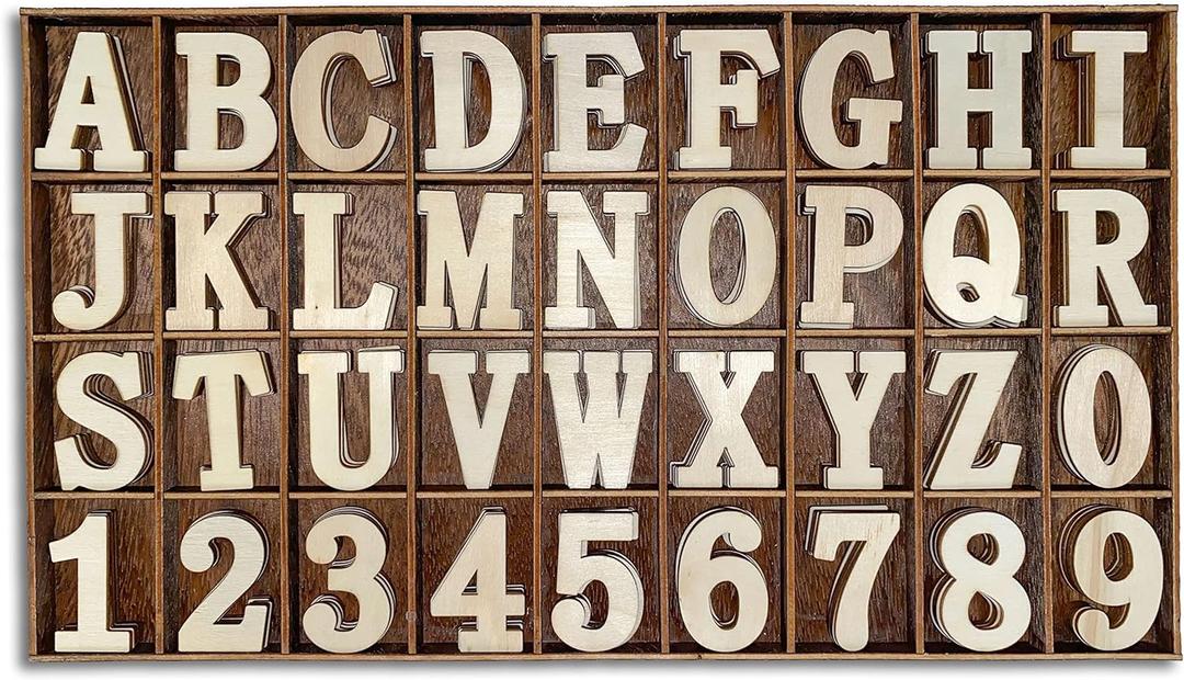 Cregugua 180 Pieces 1-3/4 Inch (1.75") Wooden Letters Wooden Numbers with Rustic Divider,Bold Font Unfinished Wood Alphabet A-Z and Numbers 0-9 Gifts Set for DIY Crafts/Homemade/Learning